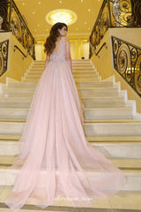 Pink Tulle 3D Appliques V-neck A-line Prom Dresses, CP0687