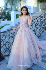 Pink Tulle 3D Appliques V-neck A-line Prom Dresses, CP0687