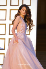 Pink Tulle 3D Appliques V-neck A-line Prom Dresses, CP0687