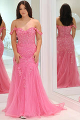 Pink Tulle Appliques Off-the-Shoulder Trumpet Long Prom Dress TP1268