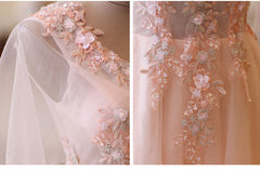 Pink Tulle Flower Lace V-neckline Floor Length Party Dresses, Lovely Pink Prom Dress