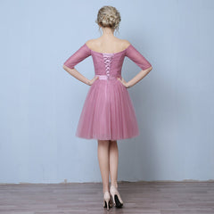 Pink Tulle Short Sleeves Short Bridesmaid Dresses, Pink A-line Homecoming Dress Formal Dress
