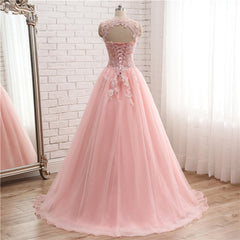 Pink Tulle with Lace Applique Ball Gown Open Back Evening Gown, Pink Formal Dress