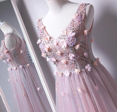 Pink V-neckline Tulle with Flowers Beaded Long Party Dress, Junior Prom Dresses