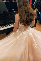 Pink V Neck Lace Floral Long Prom Dresses, Pink Lace Floral Formal Graduation Dresses