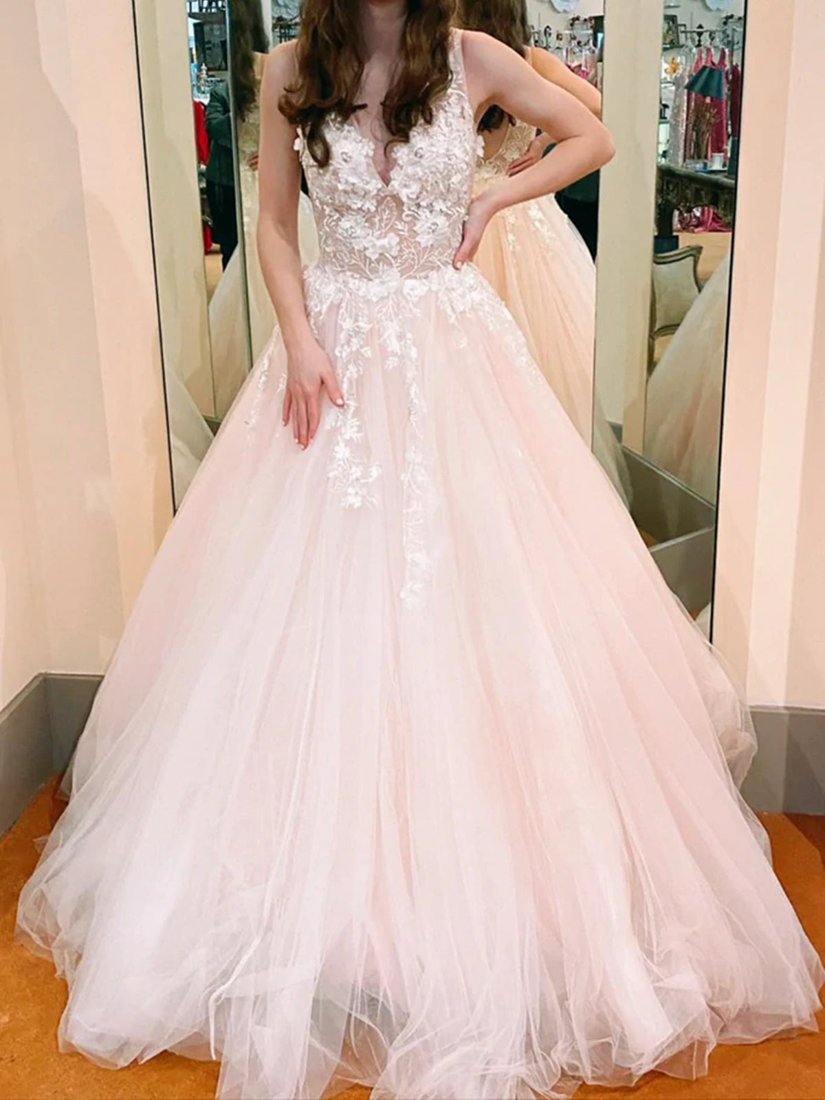 Pink V Neck Lace Floral Long Prom Dresses, Pink Lace Floral Formal Graduation Dresses