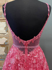 Pink V Neck Lace Long Prom Dresses, Pink V Neck Long Lace Formal Graduation Dresses