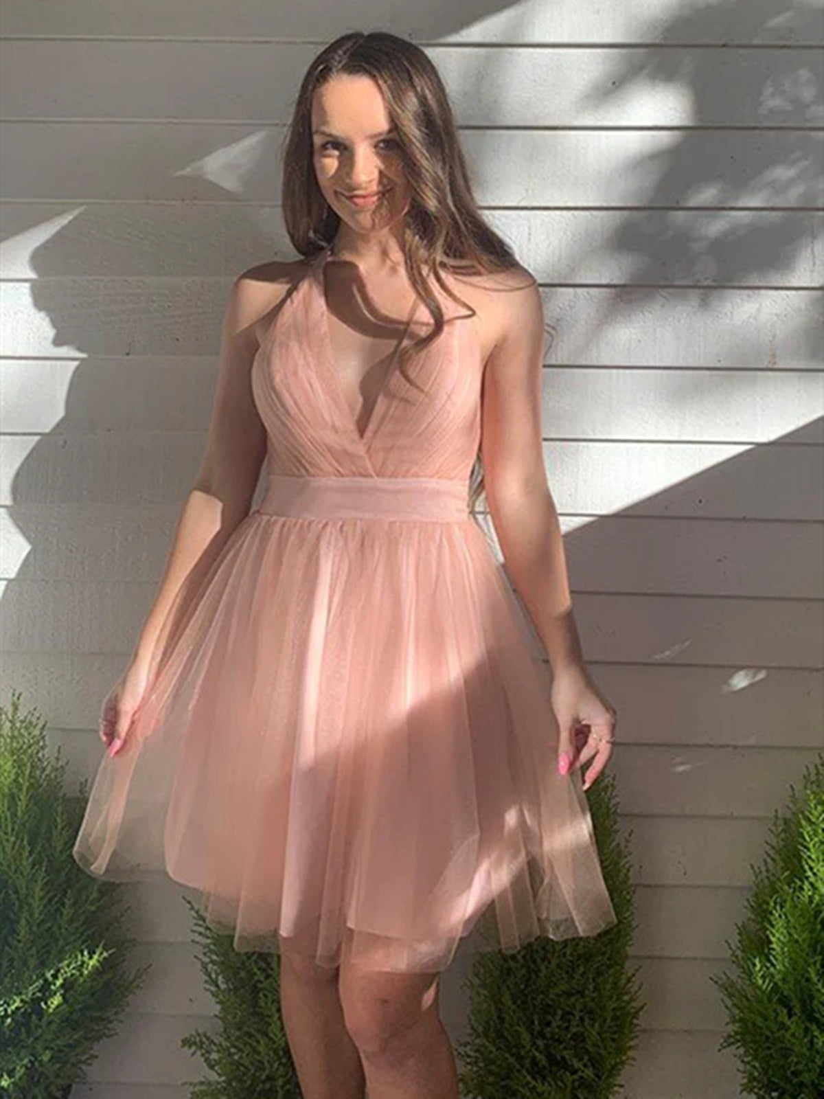 Pink V Neck Short Tulle Prom Dreses, Short Pink V Neck Formal Homecoming Dresses