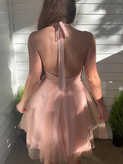 Pink V Neck Short Tulle Prom Dreses, Short Pink V Neck Formal Homecoming Dresses