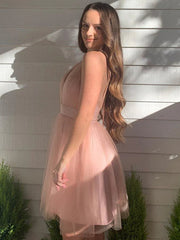Pink V Neck Short Tulle Prom Dreses, Short Pink V Neck Formal Homecoming Dresses