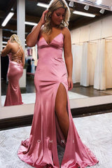 P1039 - Simple Spaghetti Straps V-Neck Satin Prom Party Formal Dress with Slit