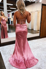 P1039 - Simple Spaghetti Straps V-Neck Satin Prom Party Formal Dress with Slit