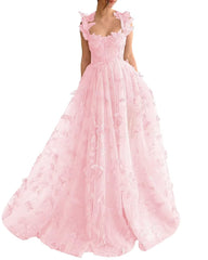 Long Tulle Prom Dress with 3D Butterflies Floor Length Formal Evening Party Gowns