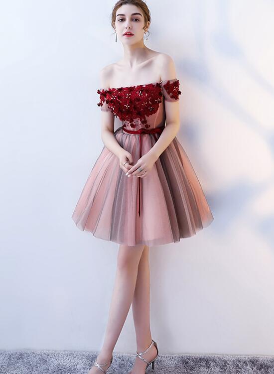 Pink and Grey Off Shoulder Lace Flowers Short Party Dress, Off Shoulder New Homecoming Dresses