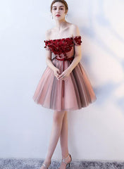 Pink and Grey Off Shoulder Lace Flowers Short Party Dress, Off Shoulder New Homecoming Dresses