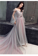 Pink and Grey Tulle Puffy Sleeves Formal Dress with Flowers, A-line Tulle Party Dresses