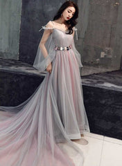 Pink and Grey Tulle Puffy Sleeves Formal Dress with Flowers, A-line Tulle Party Dresses