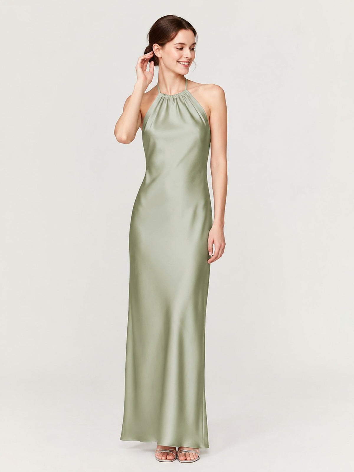 Gathered Halter Neck Satin Gown with Bias-Cut Skirt Dusty Sage