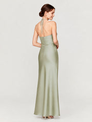 Gathered Halter Neck Satin Gown with Bias-Cut Skirt Dusty Sage