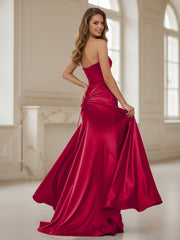 Pleated Sweetheart Neck Sheath Gown With Slit Burgundy