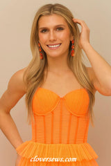 Pleating Tulle Orange Spaghetti Strap Tiered A-line With Side Slit Prom Dresses, CP1133
