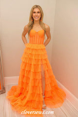 Pleating Tulle Orange Spaghetti Strap Tiered A-line With Side Slit Prom Dresses, CP1133