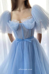 Pleating Tulle Pale Blue Short Puffy Sleeves A-line Charming Prom Dresses, CP1089