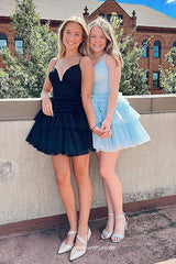 Pleating Tulle Spaghetti Strap V-neck A-line Tiered Short Prom Dresses CP0986