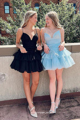 Pleating Tulle Spaghetti Strap V-neck A-line Tiered Short Prom Dresses CP0986