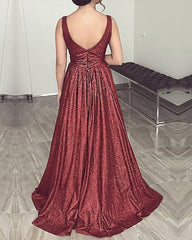 Plunge Neck Floor Length Sequin Gowns