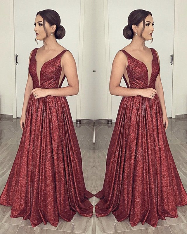Plunge Neck Floor Length Sequin Gowns