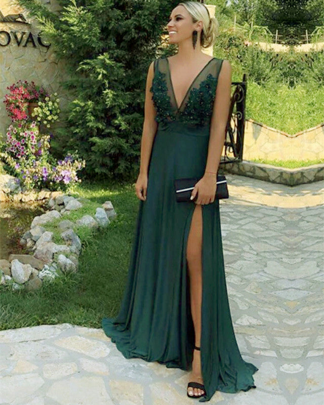 Long Chiffon Plunge Prom Dresses High Slit