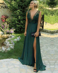 Long Chiffon Plunge Prom Dresses High Slit