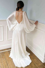 Plunging V-Neck Backless Ivory Wedding Dress with Sleeves Bridal Gown TN345