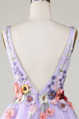 Plunging Neck Lavender Floral Backless Short Floral Dress