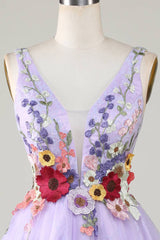 Plunging Neck Lavender Floral Backless Short Floral Dress