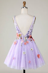 Plunging Neck Lavender Floral Backless Short Floral Dress
