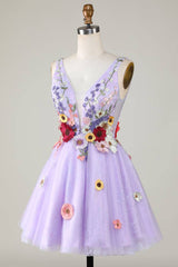 Plunging Neck Lavender Floral Backless Short Floral Dress