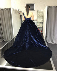 Ball Gown One Shoulder Velvet Navy Plus Size Prom Dresses with Beaded