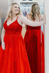Plus Size Red Lace Prom Dresses 2024 Sleeveless Long with Applique