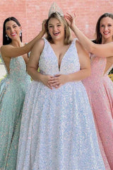 Plus Size White Sequin Iridescent Prom Dress V-Neck Backless A-Line Formal Dress