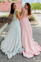 Plus Size White Sequin Iridescent Prom Dress V-Neck Backless A-Line Formal Dress