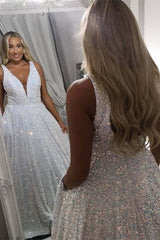 Plus Size White Sequin Iridescent Prom Dress V-Neck Backless A-Line Formal Dress