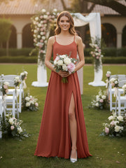 Spaghetti Strap Scoop Chiffon Dresses with Slit Rust