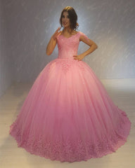 Pretty Lace Appliques V-neck Tulle Ball Gowns Quinceanera Dresses
