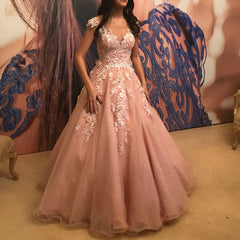 Pretty Pink Tulle Princess Style Cap Sleeves Quinceanera Dresses Lace Embroidery