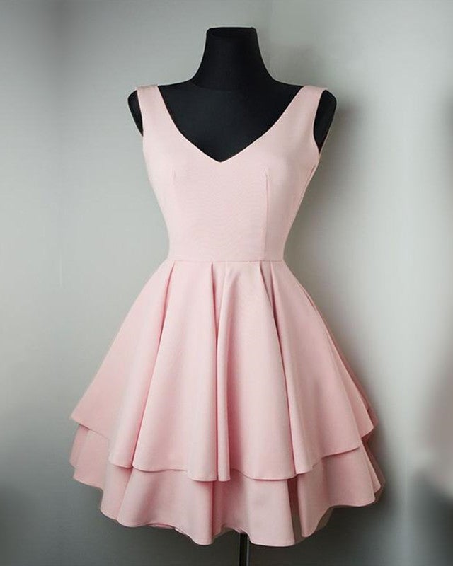 Pretty Short Satin V Neck Ruffle Homecoming Dresses