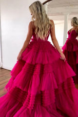 Wholesale Sweet A-Line Spaghetti Straps Long Tiered Tulle Prom Dress With Split long prom dresses with sleeves