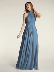 Illison High Neck Cross Bust Chiffon Dresses-Slate Blue