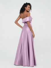 One Shoulder Satin Long Dresses with Pockets-Wisteria